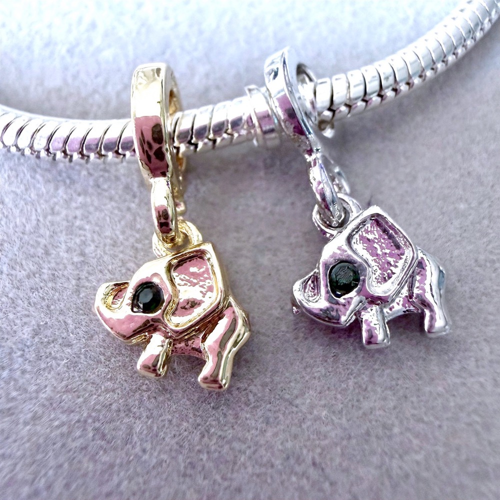 2 PCs Elephant Dangle Charm Green Crystal Eye fits PANDORA Gold Silver